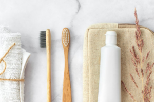 Toothbrushes and toothpaste aesthetically arranged on a countertop